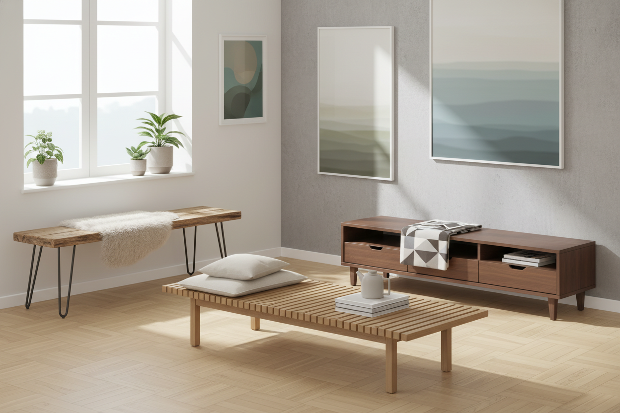 Houten bankjes in de woonkamer: veelzijdige opties en stijlen